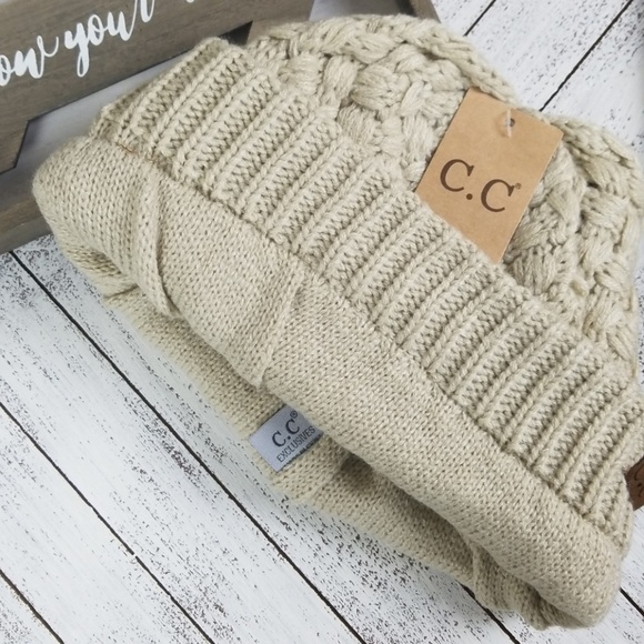 C.C Beanie Basket Weave Beige with Lining - Picture 2 of 3